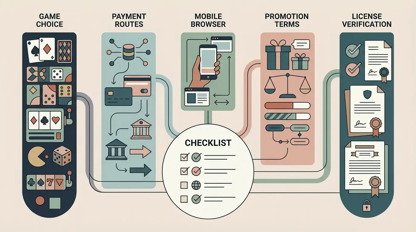 General decision matrix comparing games, payments, mobile access, promotions and licensing checks