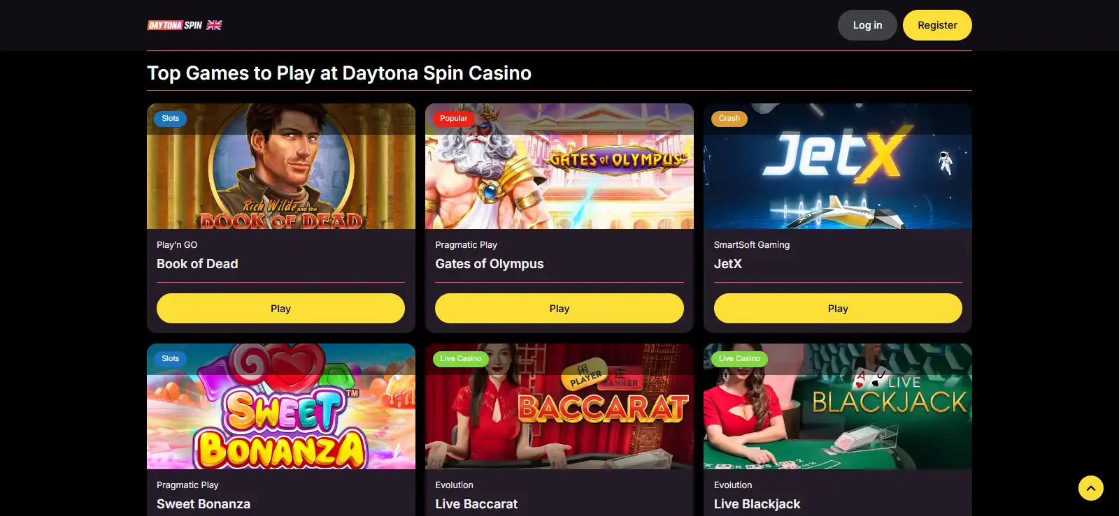 Daytona Spin casino lobby showing current game categories and provider filters