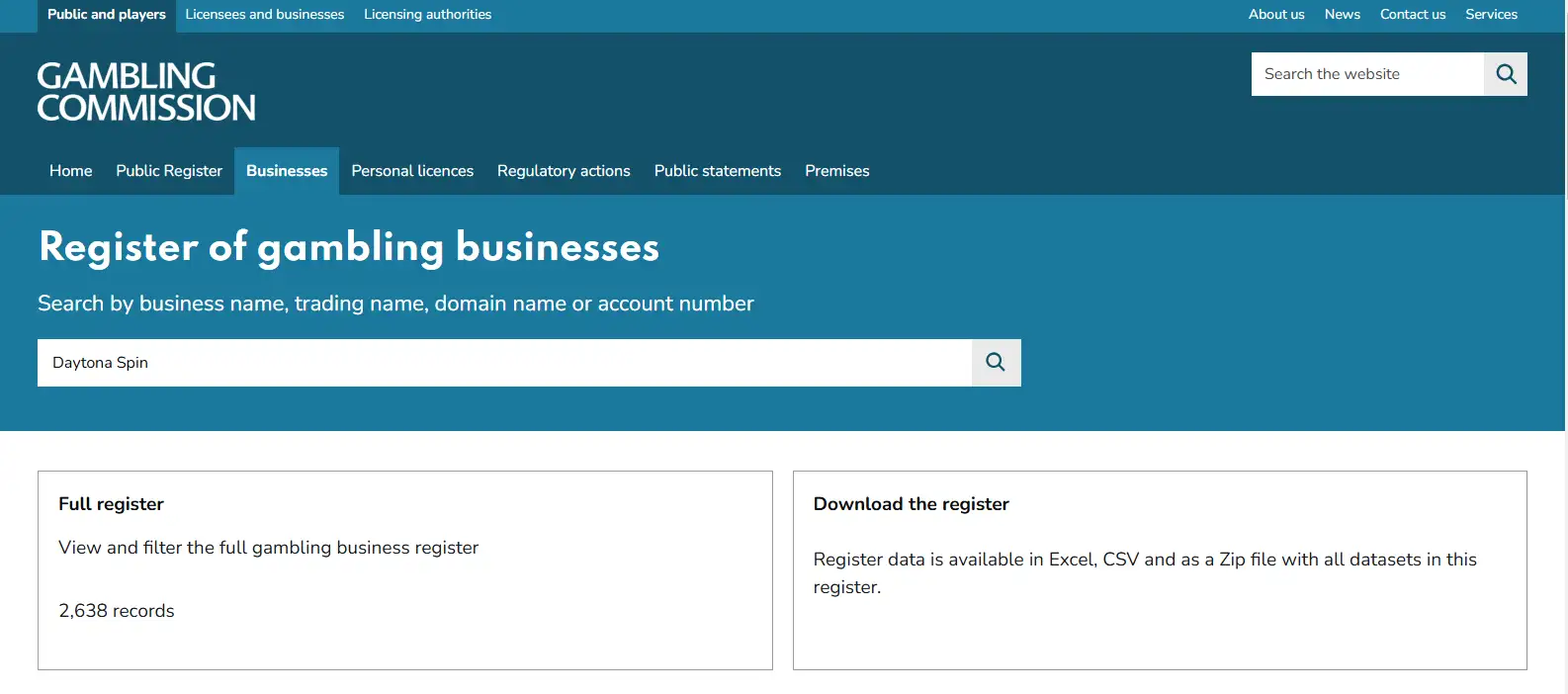 UK Gambling Commission public register search used to check Daytona Spin or Win Top Ltd