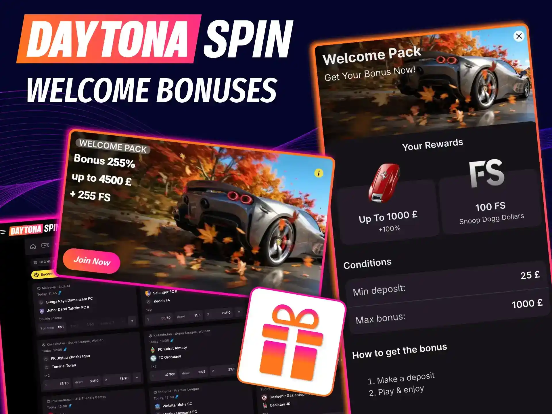 Current Daytona Spin welcome promotion panel with the headline offer and visible key terms
