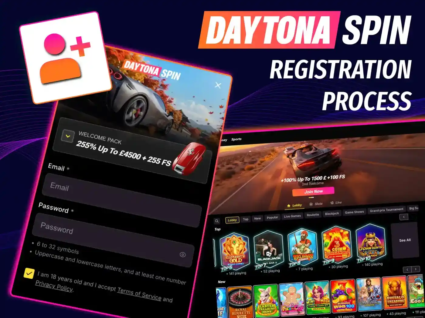 Current Daytona Spin registration or account creation screen