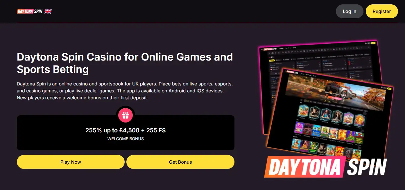 Current Daytona Spin UK-facing homepage interface